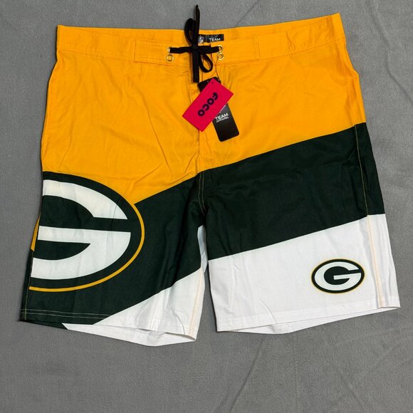 Green Bay Packers FOCO NWT NFL Yellow Green Boardshorts 2XL Swimwear Casual Vaca - Picture 2 of 8